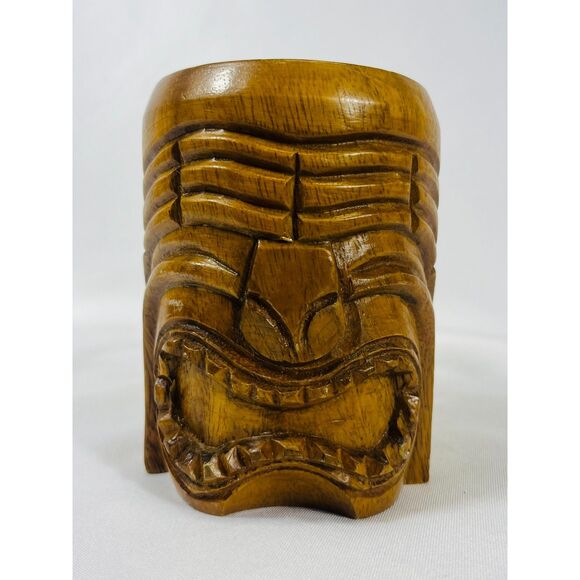 Hand Carved Tiki Wood Head Mug Polynesian South Pacific 5" - Picture 1 of 8
